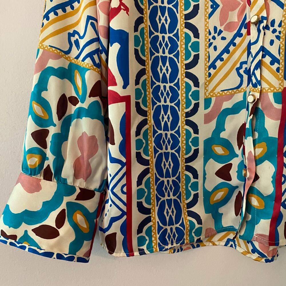 Zara Multicolor Abstract Western Button Down Blouse Silky Maximalist Women's XS - Picture 4 of 8